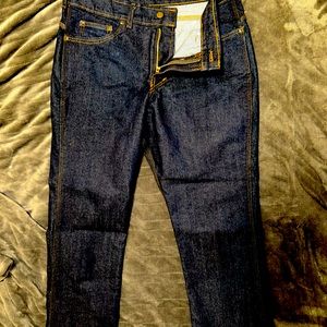 Origin Maine jeans indigo 34”x30” with stretch, never worn, distressed detail